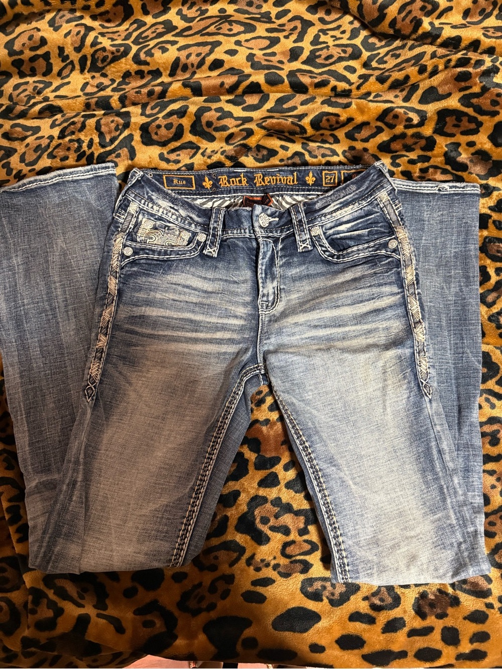 Rock Revival Faded Light Blue Bootcut Jeans with Contrast Stitching